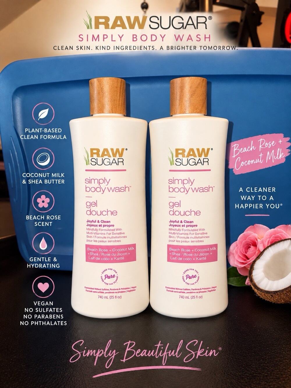 Raw Sugar Simply Body Wash Beach Rose Coconut Milk 25 oz Vegan 2 Pack